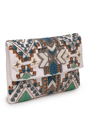 Tribal white & multi ethnic motifs embellished cotton canvas sling bag 4