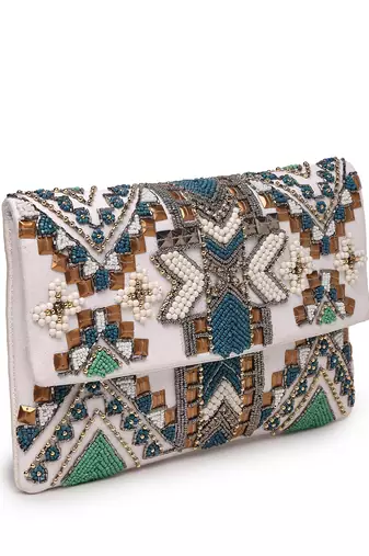 Tribal white & multi ethnic motifs embellished cotton canvas sling bag