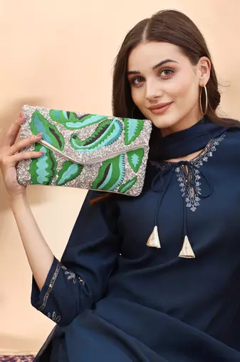 lush silver & green botanical embroidered cotton canvas sling bag