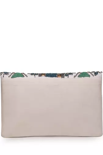 Tribal white & multi ethnic motifs embellished cotton canvas sling bag