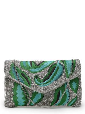 lush silver & green botanical embroidered cotton canvas sling bag 4