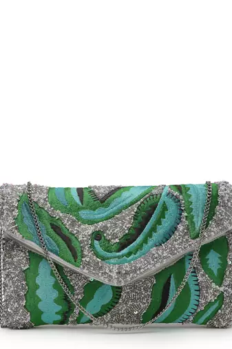 lush silver & green botanical embroidered cotton canvas sling bag