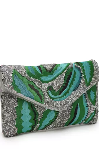 lush silver & green botanical embroidered cotton canvas sling bag