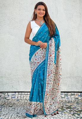 Denim blue katki silk printed kalamkari saree with zari border 4