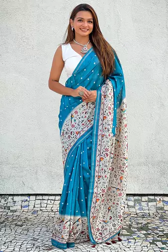 Denim blue katki silk printed kalamkari saree with zari border