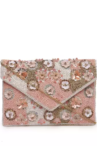 lush baby pink, white & champagne floral embellished cotton canvas sling bag