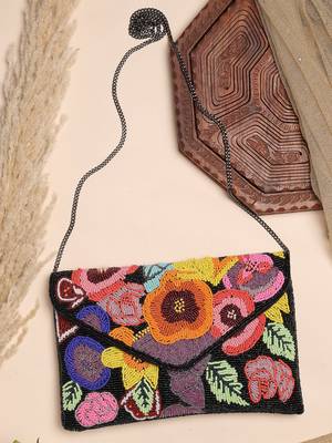 Boho black & multi floral bead work cotton canvas sling bag 1