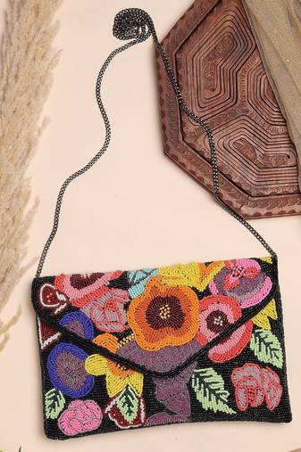 Boho black & multi floral bead work cotton canvas sling bag