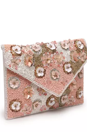 lush baby pink, white & champagne floral embellished cotton canvas sling bag