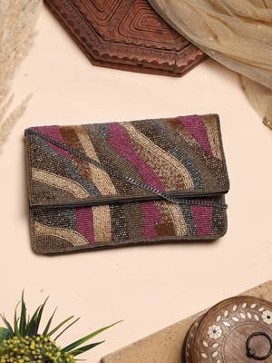 kooky copper, plum & silver abstract embellished satin sling bag 1