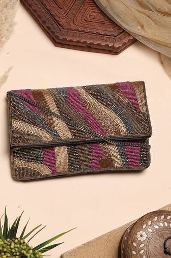 kooky copper, plum & silver abstract embellished satin sling bag