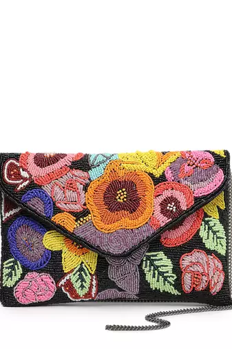 Boho black & multi floral bead work cotton canvas sling bag