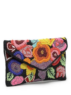 Boho black & multi floral bead work cotton canvas sling bag 5