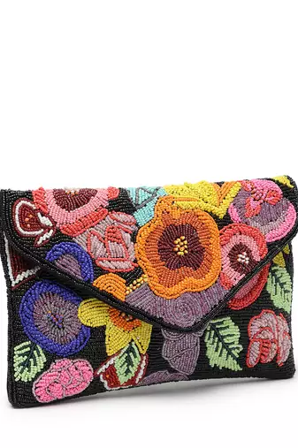 Boho black & multi floral bead work cotton canvas sling bag