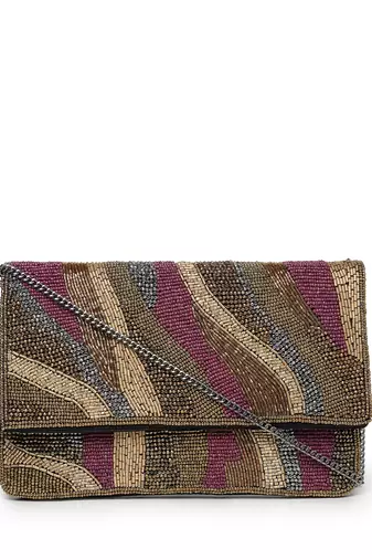 kooky copper, plum & silver abstract embellished satin sling bag