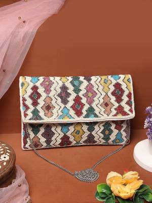 kooky ivory & multi fret embellished cotton canvas sling bag 1