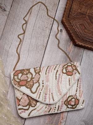 Lush white , pastel pink & gold abstract embellished cotton canvas sling bag 1