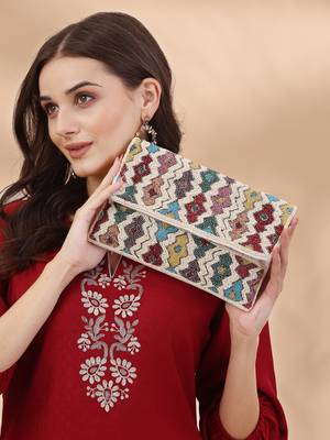 kooky ivory & multi fret embellished cotton canvas sling bag 3