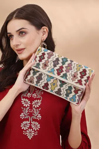 kooky ivory & multi fret embellished cotton canvas sling bag
