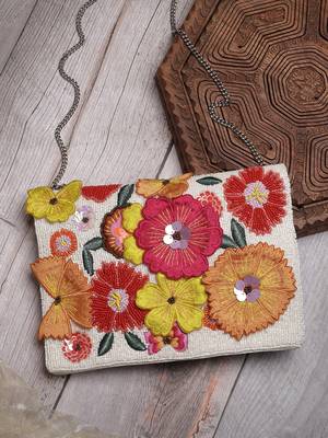 Lush white & multi floral patch work embellished cotton canvas sling bag 1