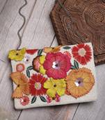 Lush white & multi floral patch work embellished cotton canvas sling bag