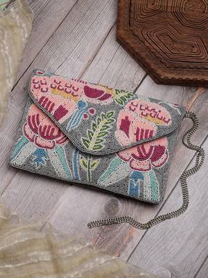 Kooky grey & multi quirky bead work cotton canvas sling bag 1