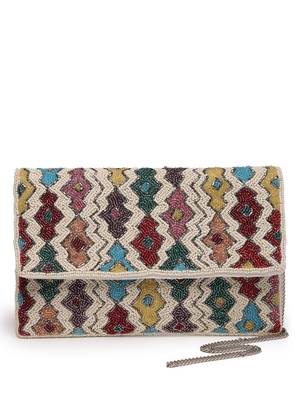 kooky ivory & multi fret embellished cotton canvas sling bag 4