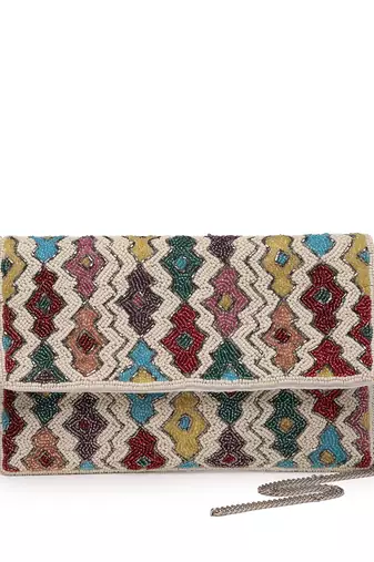 kooky ivory & multi fret embellished cotton canvas sling bag