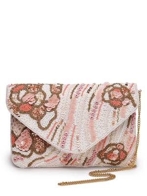 Lush white , pastel pink & gold abstract embellished cotton canvas sling bag 4