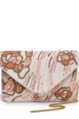 Lush white , pastel pink & gold abstract embellished cotton canvas sling bag