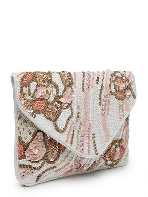 Lush white , pastel pink & gold abstract embellished cotton canvas sling bag 5