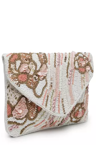 Lush white , pastel pink & gold abstract embellished cotton canvas sling bag