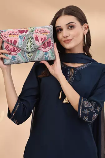 Kooky grey & multi quirky bead work cotton canvas sling bag