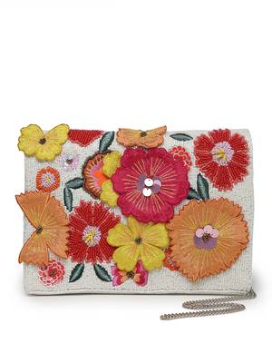 Lush white & multi floral patch work embellished cotton canvas sling bag 4