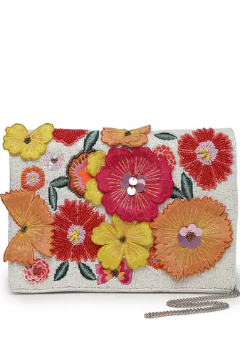 Lush white & multi floral patch work embellished cotton canvas sling bag