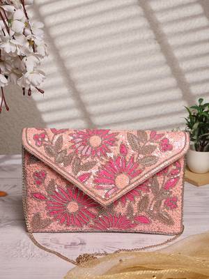 Lush flamingo pink, magenta & pale gold floral embellished satin sling bag 1