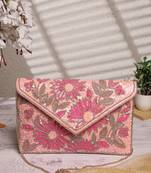 Lush flamingo pink, magenta & pale gold floral embellished satin sling bag