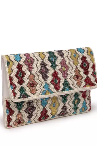 kooky ivory & multi fret embellished cotton canvas sling bag