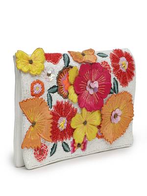 Lush white & multi floral patch work embellished cotton canvas sling bag 5