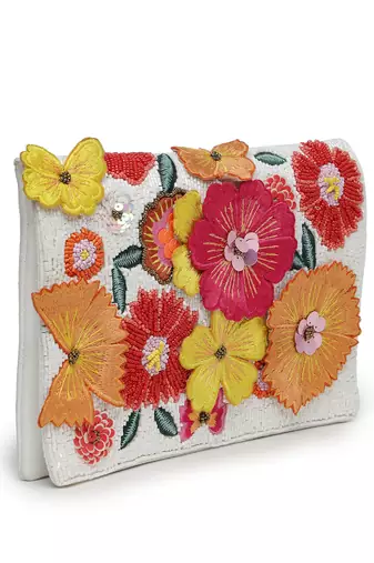 Lush white & multi floral patch work embellished cotton canvas sling bag
