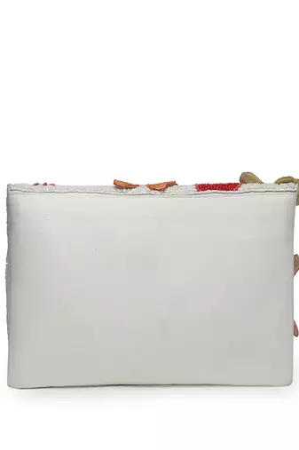 Lush white & multi floral patch work embellished cotton canvas sling bag