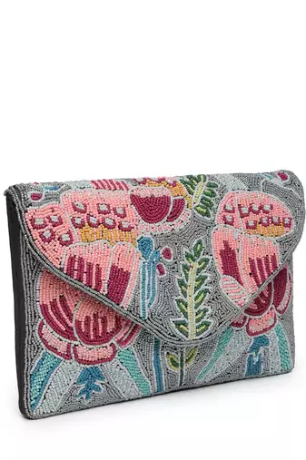 Kooky grey & multi quirky bead work cotton canvas sling bag