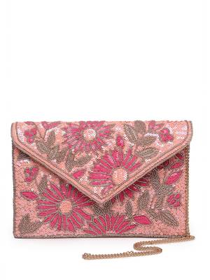 Lush flamingo pink, magenta & pale gold floral embellished satin sling bag 4