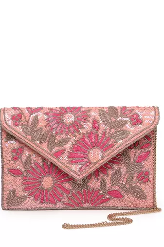 Lush flamingo pink, magenta & pale gold floral embellished satin sling bag