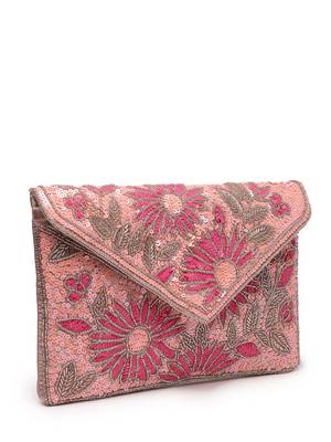 Lush flamingo pink, magenta & pale gold floral embellished satin sling bag 5