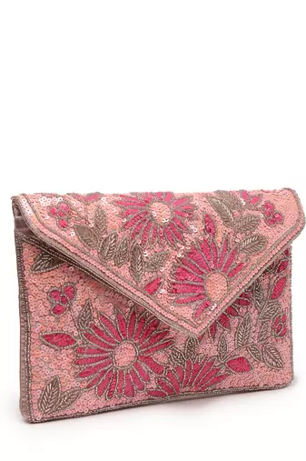 Lush flamingo pink, magenta & pale gold floral embellished satin sling bag