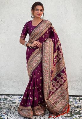 Wine pashmina kashmiri silk zari woven saree 5
