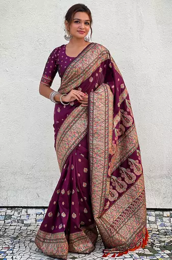 Wine pashmina kashmiri silk zari woven saree