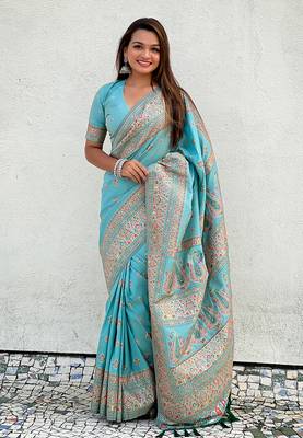 Sky blue pashmina kashmiri silk zari woven saree 1