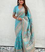 Sky blue pashmina kashmiri silk zari woven saree